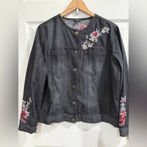 Hannah Black Denim Jacket with Floral Embroidery